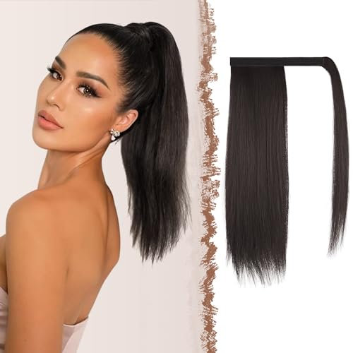 FESHFEN Pferdeschwanz Extensions Glatt Lang Pferdeschwanz Verlängerung Haarteil Zopf Clip in Ponytail Extension Synthetik Haare Extensions Zopf Haarverlängerung für Damen, 40 cm Dunkelstes Braun