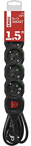 EMOS - 5-Fach Steckdosenleiste 1,5m - mit Schalter - 5 Schuko-Steckdosen 45° gedreht - 250 V, 16 A, 3680 W - PVC-Isolierung - H05VV-F3G 1,5 mm2 - erhöhter Berührungsschutz - IP20 für Innen - schwarz