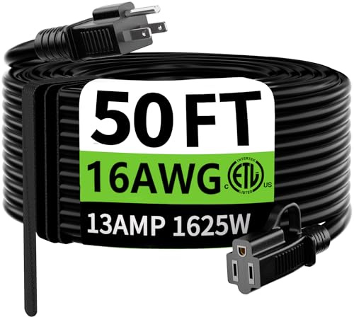HUANCHAIN Indoor Outdoor Black Extension Cord 50 ft Waterproof, 16/3 Gauge Flexible Resistant Appliance Extension Cord Outside, 13A 1625W 16AWG SJTW, 3 Prong Electric Cable, ETL Listed