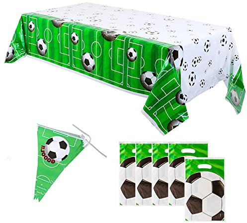 7-teiliges Fußball-Party-Set, rechteckige Fußball-Tischdecke, Ziehfahnen und Geschenktüten, Fußball-Party-Zubehör, Fußball-Sportparty, Outdoor-Aktivitäten, Dekoration für Schulveranstaltungen.