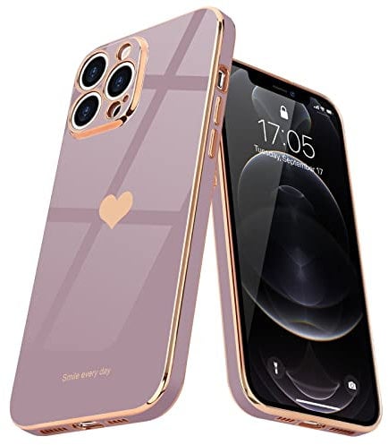 Teageo Kompatibel mit iPhone 12 Pro Hülle, Süße Herz Mädchen Handyhülle Luxuriös Galvanisierte Weich TPU Kameraschutz Kratzfest Stoßfest Schutzhülle Bumper Phone Case für iPhone 12 Pro, Sakura Lila