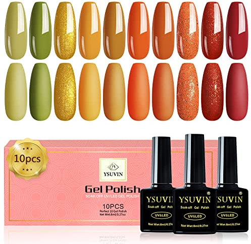 Yueshop Orange Gel Nail Polish,10 Pcs Bright Orange Yellow Green Orange-Red Glitter Autumn Gel Nail Polish Set Soak-Off UV Nail Polish Art Manicure Gel Nail Varnish For Halloween,8ML