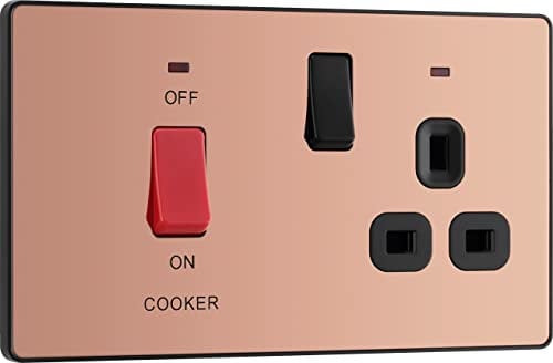 BG Electrical Cooker Switch with Socket and LED, Cooker Control Unit, Control Socket, Double Pole, Screwless Front Plate, Evolve, Polished Copper, 45A, PCDCP70B