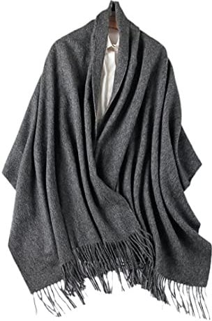 Damen-Schal, 100 % Merinowolle, gestrickt, weich, warm, klassisch, kariert, Fransenschal, grau, One size