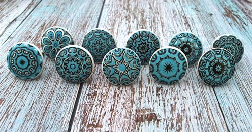 ARTISNO Ceramic Knobs for Cabinets - Set of 10 Decorative Green Floral Printed Ceramic Knobs for Home Kitchen Cabinet Drawer Elegant Wardrobe and Dresser Pulls with Glossy Finish (1.5-Inch Diameter)