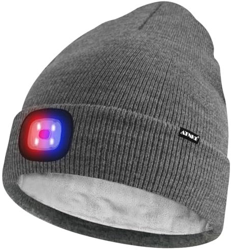 ATNKE Unisex LED Gorro con Luz,USB Recargable 4 LED Rojo y Azul Resplandor Intermitente Luz Gorra para Correr Brillante Cálido Vellón Forro Punto Gorro Regalos para Hombre y Mujer/Grey