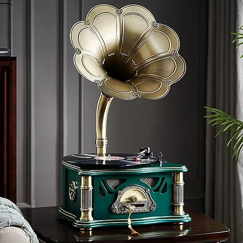 HZLSBL Vintage Gramophone with Bluetooth Input Vintage Record Players Retro Gramophone Turntables for 7 9 12 Vinyl Records 3 Speed, Hi-Fi, Handcrafted by Pure Oak (Dark Green)