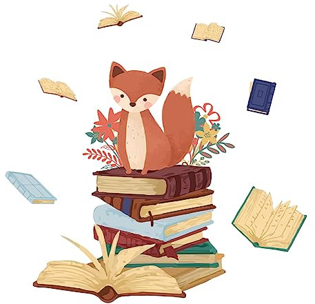 SUPERDANT Wandsticker Zum Lesen von Büchern Fuchs Und Blumentier Wandaufkleber Zum Abziehen Und Aufkleben Magische Farbenfrohe Schöne Vinyl Wandsticker Für Das Kinderzimmer Klassenzimmer Dekorieren