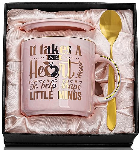 Doublewhale Nursery Teacher Gifts, Nursery Teacher Thank You Gifts - It Takes A Big Heart to Help Shape Little Minds - Preschool Teachers Gift for Women 14oz Pink Marble Ceramic Coffee Mug