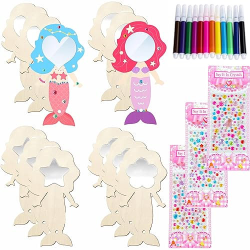 Meerjungfrau Basteln,23 Stücke Holzspiegel Handwerk für Kinder,Mini Holz Meerjungfrau Spiegel,Kinderspiegel Zum Bemalen,Holzspiegel zum Bemalen für DIY Kinder Malen Dekoration