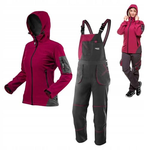 NEO TOOLS Damen Arbeitslatzhose + Softshelljacke (Set) Gr. S - XXL | modisches Design, Damen Arbeithose mit elastischen Träger, Veile Taschen, Jacke - Winddicht, wasserabweisend, atmungsaktiv