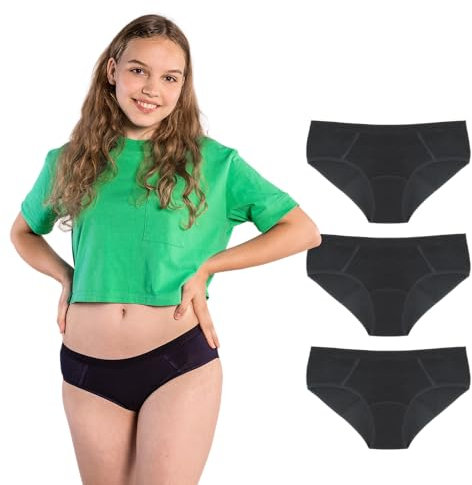 SELENACARE Periodenunterwäsche Teenager Sporty (3er Multipack) - Menstruationsunterwäsche für Teens, waschbar, 100% vegan, nachhaltig, 20ml Absorption, Schwarz, Größe 158