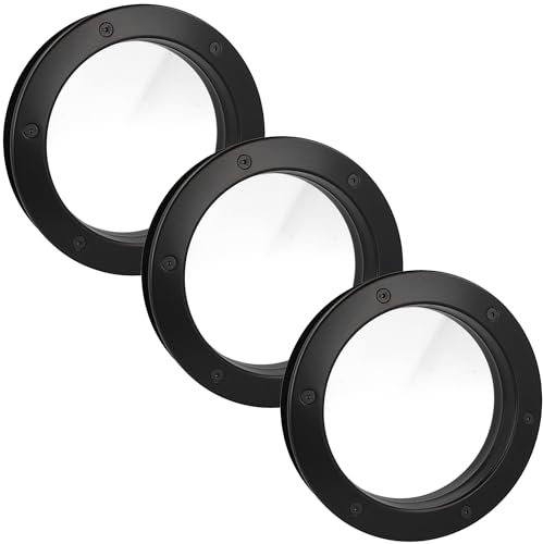 MLS Bullauge B4000, Set mit 3 Stück, für Türen, Robustes Aluminium, VSG-Sicherheitsglas, Passend für 40 mm Starke Türen, Beidseitig Sichtbare Befestigungsschrauben, Ø 250 mm, Klares Glas, Schwarz