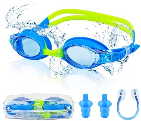 Mezere Schwimmbrille Kinder 3-6 Jahre Taucherbrille Herren Damen Schwimmbrillen Anti-Beschlag UV-Schutz Nasenklammer Schwimmen Swimming Goggles für Jungen & Mädchen(Blue+Green)
