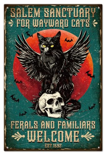 GLOBLELAND Halloween Katze Blechschild Teufelskatze Metall Blechschild Vintage Metall Blechschild 12×8 Zoll Salem Sanctuary Für Herrenlose Katzen Streuner Und Vertraute Lustiges Wanddekor Blechschild