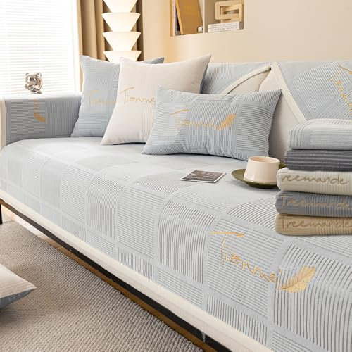 QIAQ Weicher Chenille-Sofabezug für 1/2/3/4-Sitzer, rutschfeste Sofa-Schonbezüge für Ecken, L-Form, dick strukturierte Sofakissen, Möbelschutz (45 x 45 cm, grau-blau)