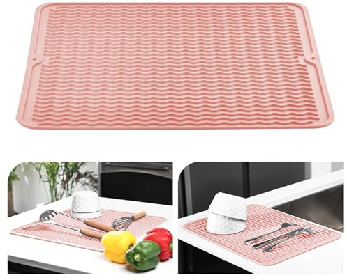 KitchenRaku Abtropfmatte , Geschirr aus Silikon hitzebeständiges rutschfestes Abtropfmatte Spüle,Spülmatte Abtropfunterlage,Tischset (Blassrosa, 30x40cm)
