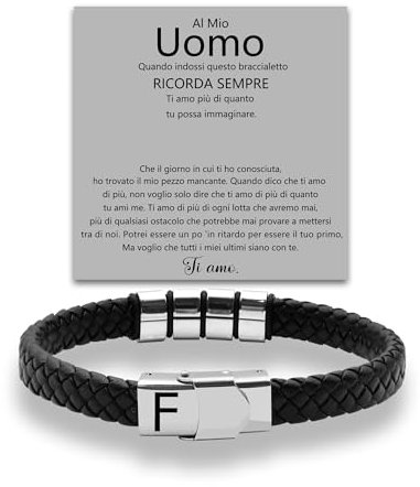 SAMINO Cuoio Nero 26 Bracciale Iniziale Per Il Mio Uomo Acciaio Inossidabile A-Z Lettera Charm Bracciale Intrecciato Per I Regali A Lui (F)