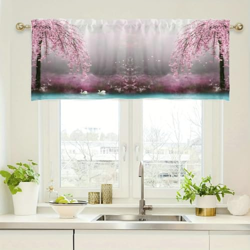 Homxi Scheibengardine 1 Stück,1 x 137W x 45H cm,Vorhang Schwarz Rose Kurz Blumen und Bäume Muster Vorhang Rod Pocket