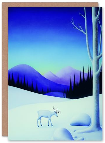 Wee Blue Coo Greeting Card White Reindeer in Snow Winter Mountain Landscape Blank For Him Or Her Art Xmas Christmas Card