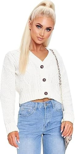 ZARVICZONIA Women's 3-Button Chunky Cable Knit Long Sleeve Cropped Cardigan - Stylish & Warm Grandad Bolero Sweater for Casual & Party Wear