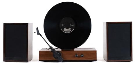 Fuse GLD Vertical Vinyl Record Player with Speakers | Black Trim | 5.3 Bluetooth, AUX | Full Range External Speakers | Premium Cartridge | Vintage Mid Century Modern | Handcrafted Ashtree Wood
