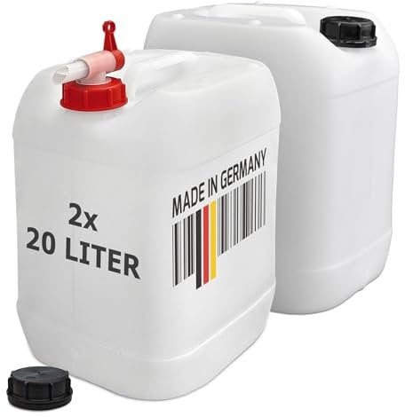 plasteo® 2 taniche per bevande da 20 litri, naturali con coperchi a vite e 1 rubinetto (DIN 61), senza BPA, per uso alimentare, portatile, per interni ed esterni, Made in Germany