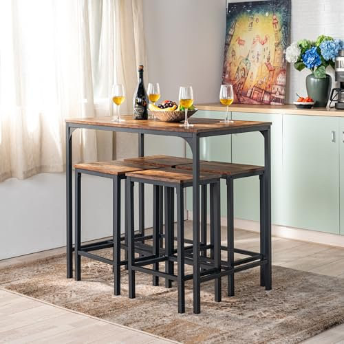 FurnitureR 5pcs Bar Sets, Bistro Bar Table Set + Stools, Breakfast Table with 4 High Stools, Steel Frame, Industrial Style, Rustic Brown, for Kitchen, Dining Room, Living Room, 100 x 60 x 90 cm
