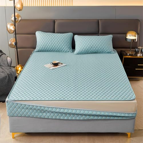 DSSHENGDS Coprimaterasso con Cerniera,Proteggi Materasso Personalizzabile Rivestimento,Trapuntato Cinque Lati Lavabile Imbottito Lenzuolo -Cyan-Blue- 80x200+20cm