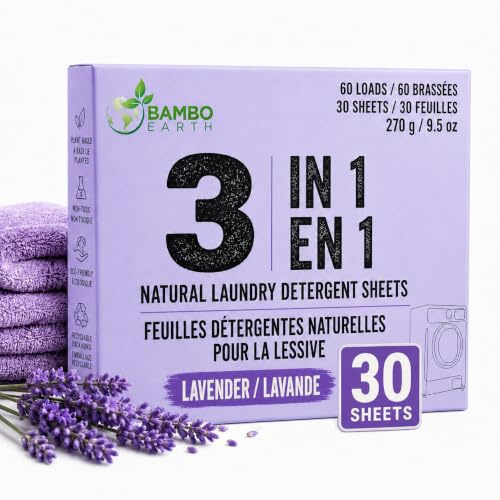 60 Loads Natural Laundry Detergent Sheets - All Natural Biodegradable And Dissolvable Washing Machine Dry Soap Laundry Detergent Strips, Mess Free, Eco Friendly, 30 Sheet Pack (Calm Lavender)
