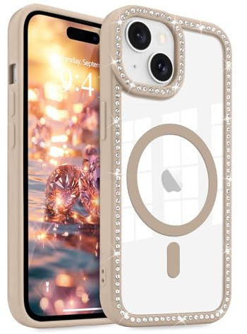 LCHULLE Magnetic Clear Glitter Phone Case for iPhone 15 Plus/14 Plus,Coffee | Compatible with MagSafe, Bling Sparkly Diamond Rhinestone Cute Design for Women Girls, Hard PC Back Cover Soft TPU Bumper