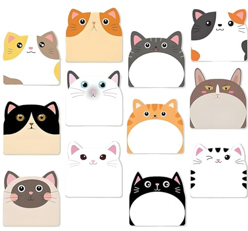 12 Pack Katzen Haftnotizen, Selbstklebende Haftnotizzettel, Sticky Notes Cute 360 Blatt, Tier Klebezettel, Haftnotizen Schreibwaren, Notizzettel Schulsachen, für BüRo, Studenten,Geschenk (Katze 1)