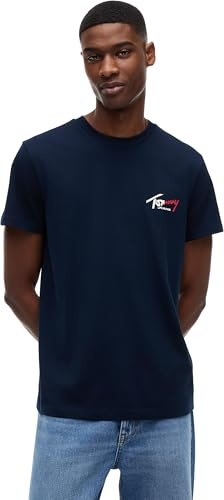 Tommy Jeans Herren T-Shirt Kurzarm Slim Sign Chest mit Logo, Blau (Dark Night Navy), XL