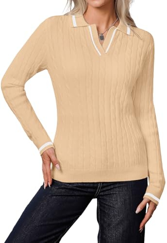 YUNDAI Womens Jumpers Polo Collared V-Neck Long Sleeve Ribbed Knit Contrasting Color Casual Lightweight Slim Fitted Cute Tee Tops Blouse, Large Apricot