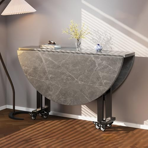 Leaceuv Table de Cuisine Table Pliante de Salle à Manger avec 6 roulettes,Ailes Rabattables,Table Ronde Extensible pour Petit Espace,Tables Auxiliaire Abattant pour 4-6 Personnes(Gray,100x75cm)