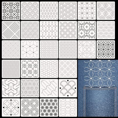 Evadollina 30 Stück Sashiko Stencil Set, 4.7 X 4.7 Zoll Plastikschablonen für Geometrische Muster, Handquilten, Nähen Und Textilgestaltung, Buchstaben Schablone, Weihnachten