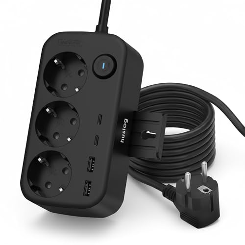 Huslog Multiprise avec 3 Prises Schuko et 4 Ports USB (2 USB-A, 2 USB-C) – Multiprise avec Support pour téléphone Portable, Fixation Murale et Interrupteur Marche/arrêt, câble de 1,4 m, 3680 W, Noir