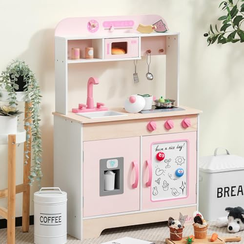 SainSmart Jr. Kinderküche Holz Spielküche Rosa, Sound & Licht, Mädchen ab 3 | Mit Mikrowelle, Spüle & Wasserhahn, Herd, Backofen & Kühlschrank, ca. 92 cm hoch, EN71 geprüft, ab 3 Jahren