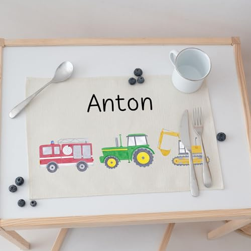 wunderwunsch Kinder Platzdeckchen personalisiert, Platzset, abwaschbare Tischuntersetzer, Platzdecke Stoff Baby, Untersetzer mit Design lustig und Namen (Fahrzeuge)