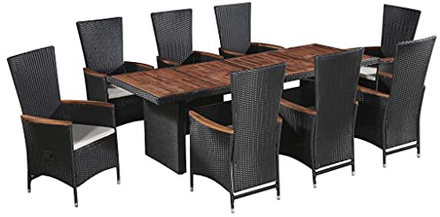 Holamys 9-TLG. Garten-Essgruppe Poly Rattan Schwarz, verstellbare Stühle, Akazienholz-Tischplatte, Outdoor Möbel Set mit cremeweißen Polstern, wasserfestes Design für Terrasse und Balkon