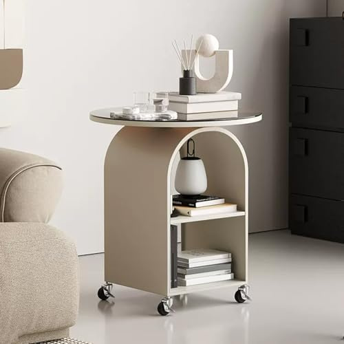 Beweglicher Beistelltisch fürs Sofa, runder Glastisch mit Rollen, moderner Nachttisch für Wohnzimmer, Schlafzimmer, Büro (Weiß, 40 cm)