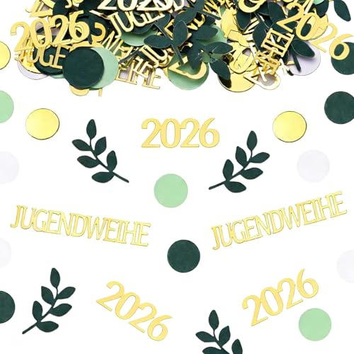 120 Stück Jugendweihe Deko 2026 Konfetti,Konfetti Gold Grün Metallisch Eukalyptusblatt und Punkt Glitzer Tischdeko Mädchen Junge Party Dekoration
