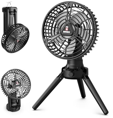Tonfarb Ventilatore da campeggio a batteria, silenzioso, ricaricabile tramite USB, regolazione della velocità continua, ventilatore da tavolo portatile con luce a LED e gancio, rotazione di 180°, per