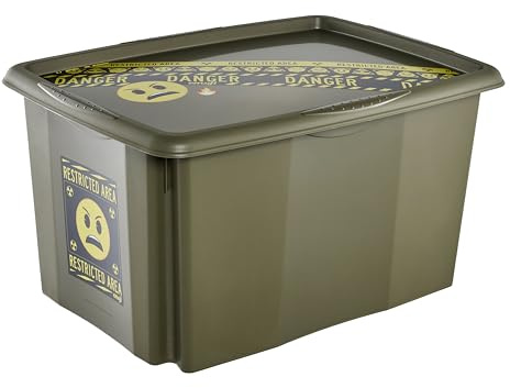 keeeper karolina Aufbewahrungsbox mit Deckel, 45 l, Emoji Danger, Olivgrün | Platzsparend aufeinander stapelbar, Griffmulden an den Seiten, Optimaler Staubschutz, Sichere Konstruktion