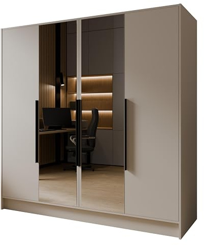 Margaret Hadas24 Drehtürenschrank Goya Kleiderschrank, Spiegel, Griffen, Push-to-Open Tip-ON, großer Stauraum, Regale, Glatte Türen (Kaschmir, Schwarze Griffe, mit Spiegel, 200 cm)