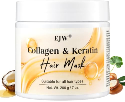 EJW Kollagen & Keratin Haarmaske 200g, Feuchtigkeitsspendende Haarpflege gegen Frizz, Glättende Haarmaske für trockene, gefärbte und geschädigte Haare, Natürlicher Glanz für alle Haartypen
