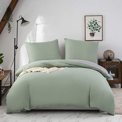 MOHAP Housse de Couette Réversible 220x240 / 65x65x2 cm Coton lavé Vert Parure de Lit Aspect Ridée Naturel Bicolore pour 2 Personnes Fermeture Éclair Sets de Housse Couette