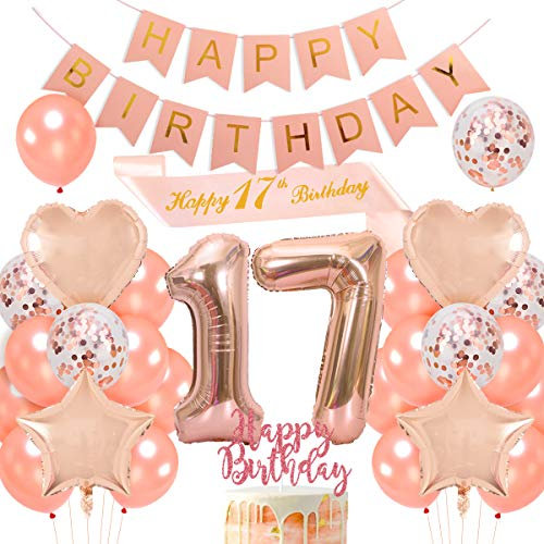 JOYMEMO 17th Birthday Party Decorations Girls, Happy Birthday Banner Cake Topper Sash, Rose Gold Star Confetti Balloons for 17 Year Old Birthday Supplies