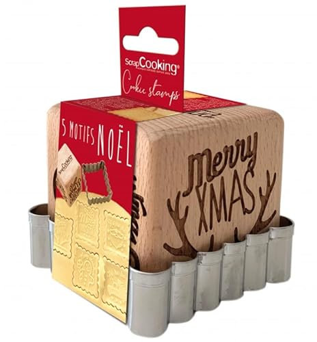 SCRAP COOKING 5138 Stempel für Gebäck, aus Holz, mit Weihnachtsmotiven – mit 1 Ausstechform für Kekse und Würfel Xmas mit 5 Seiten graviert – Form Dekoration