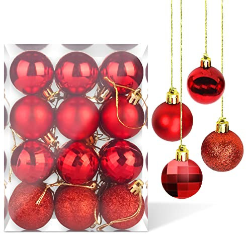 Yisscen Weihnachtskugeln Baumschmuck, Christbaumkugeln, Dekokugeln Weihnachten, Matt Glänzend Glitzernd Dekokugeln, Baumkugeln für Weihnachten Hochzeitsfest Dekoration, 24 Stück (Rot)